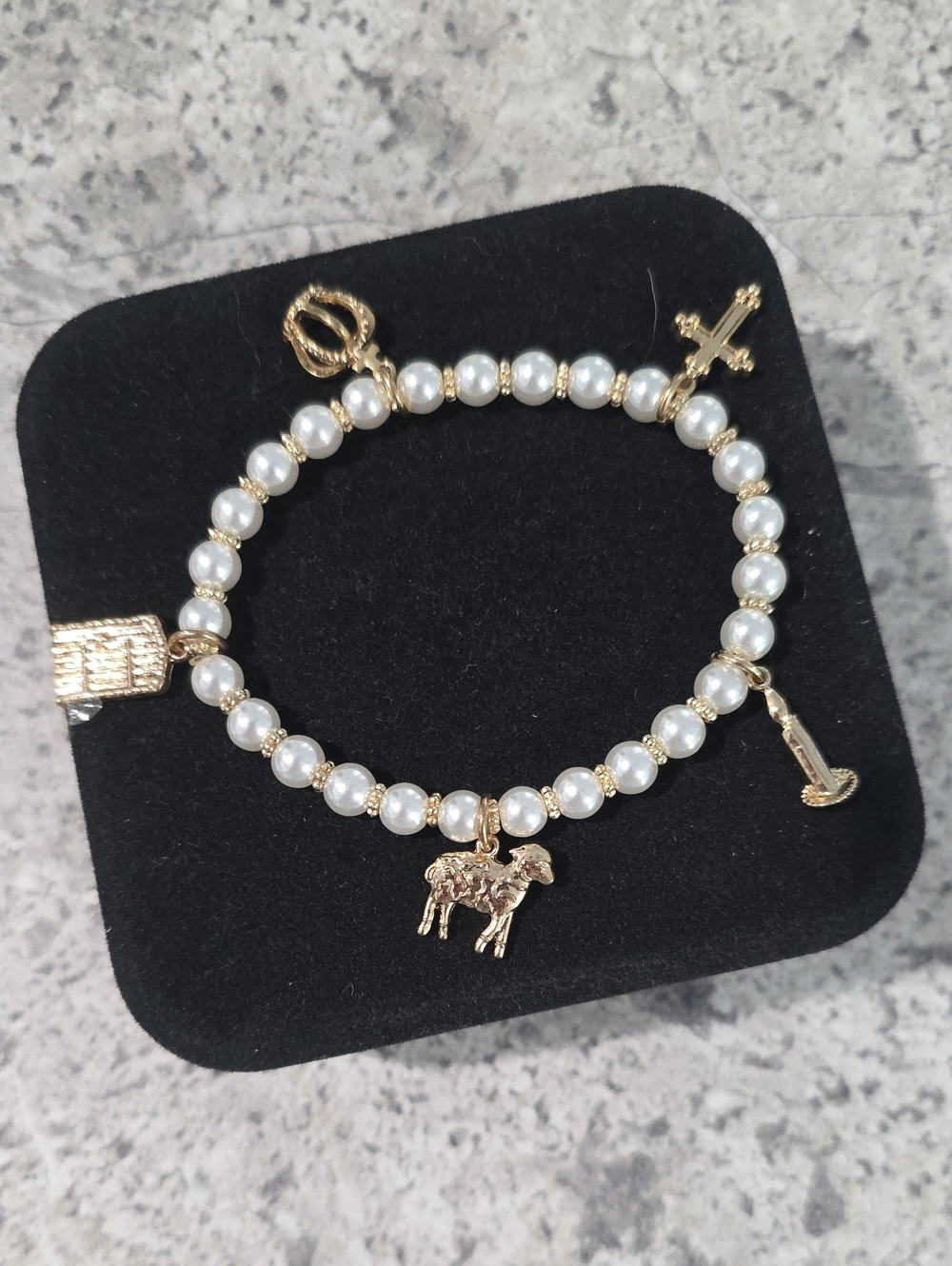 Gold and White Pearl Charm Bracelet with Lamb, Cross & Key Accents